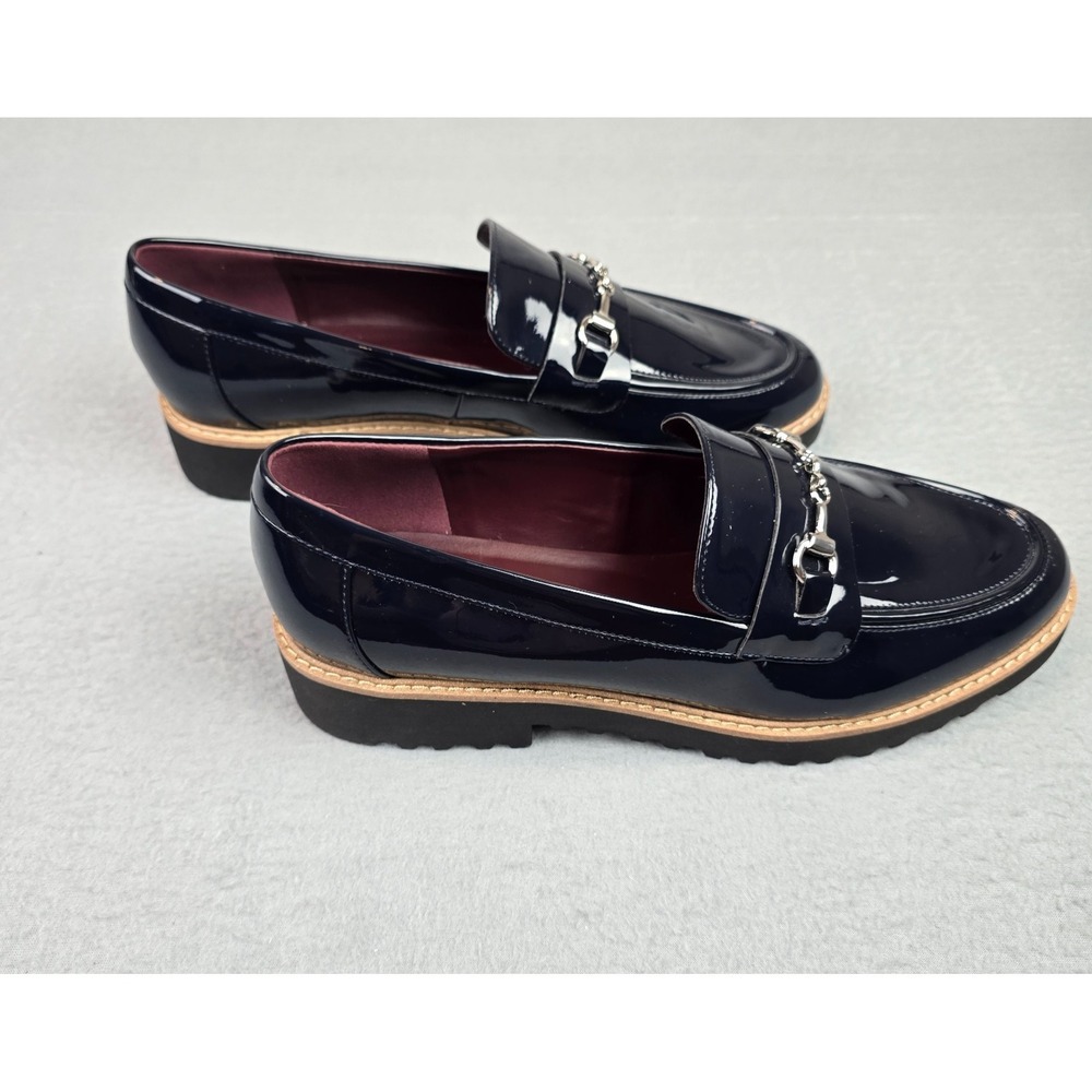 Franco Sarto Patent Loafers Navy Blue Horsebit Slip On Shoes Women's 10W Preppy - Picture 4 of 10